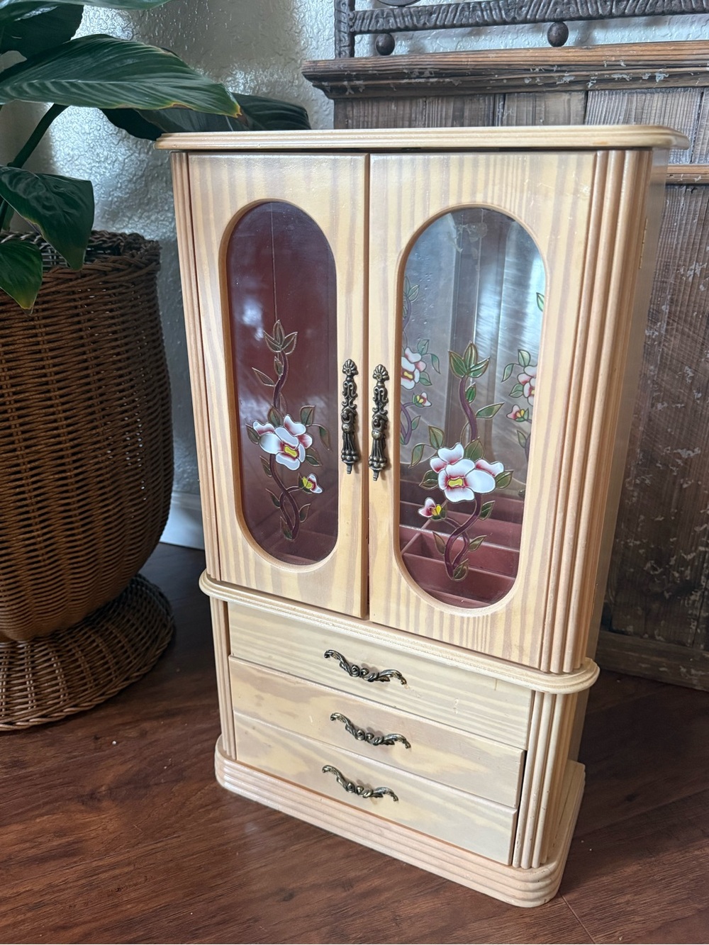 Vintage Tabletop Wooden Jewelry Armoire Cabinet